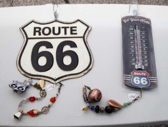 close up of route 66 themed hanging artwork