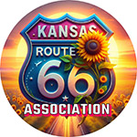 red and blue kansas route 66 highway shield with sunset and sunflower; text reading kansas route 66 association